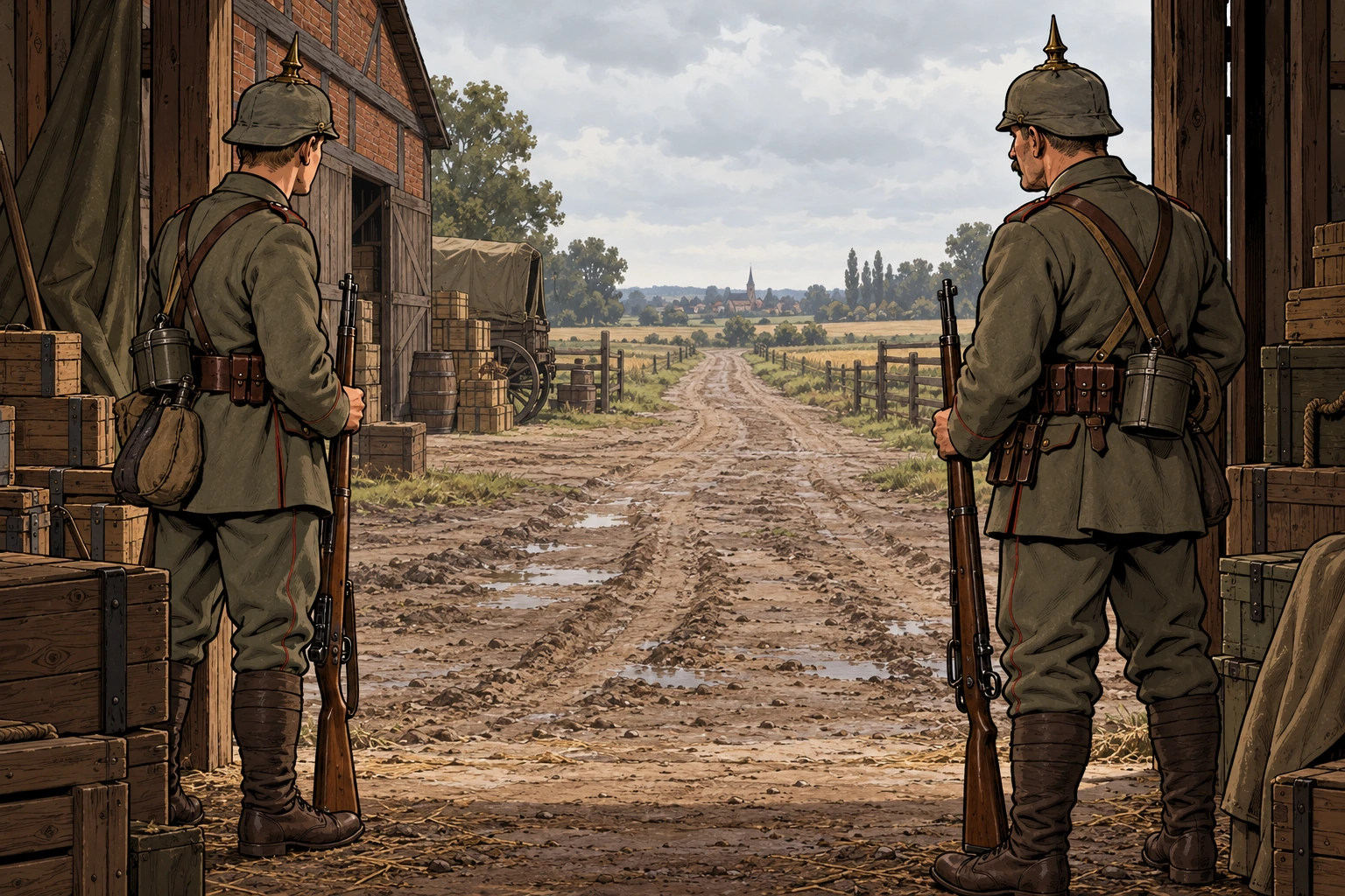 Two German soldiers guarding a supply depot